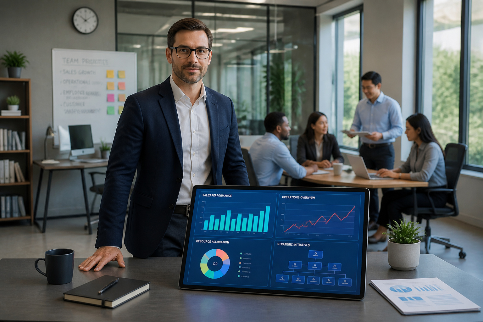 Manager et equipe dans un bureau moderne