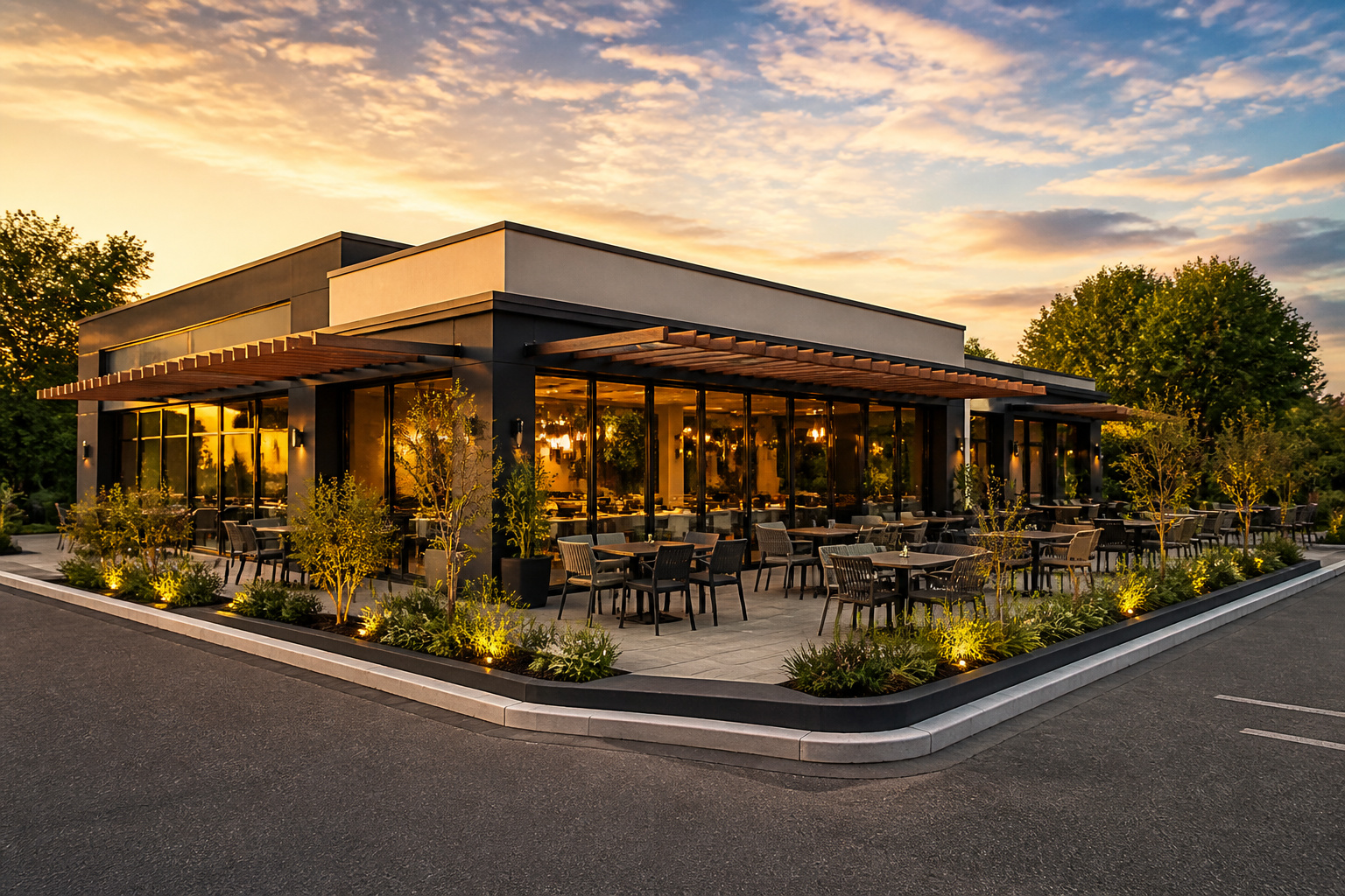 Restaurant moderne avec terrasse ensoleillee