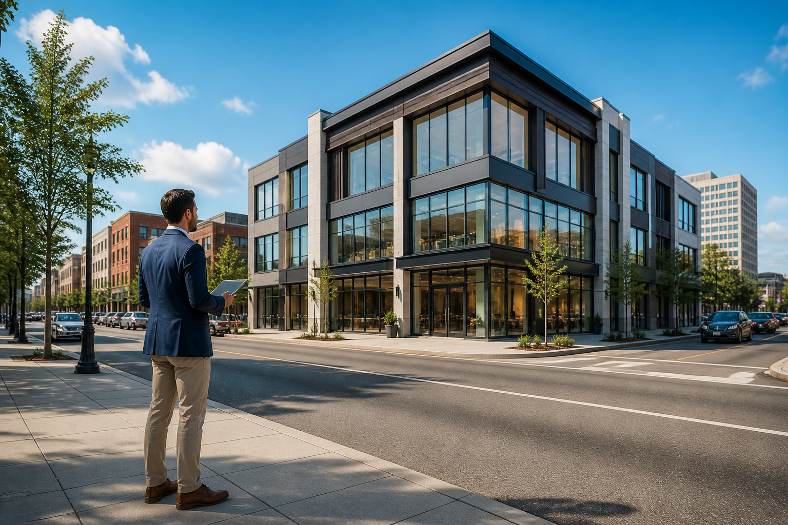 Homme daffaires evaluant un batiment commercial moderne