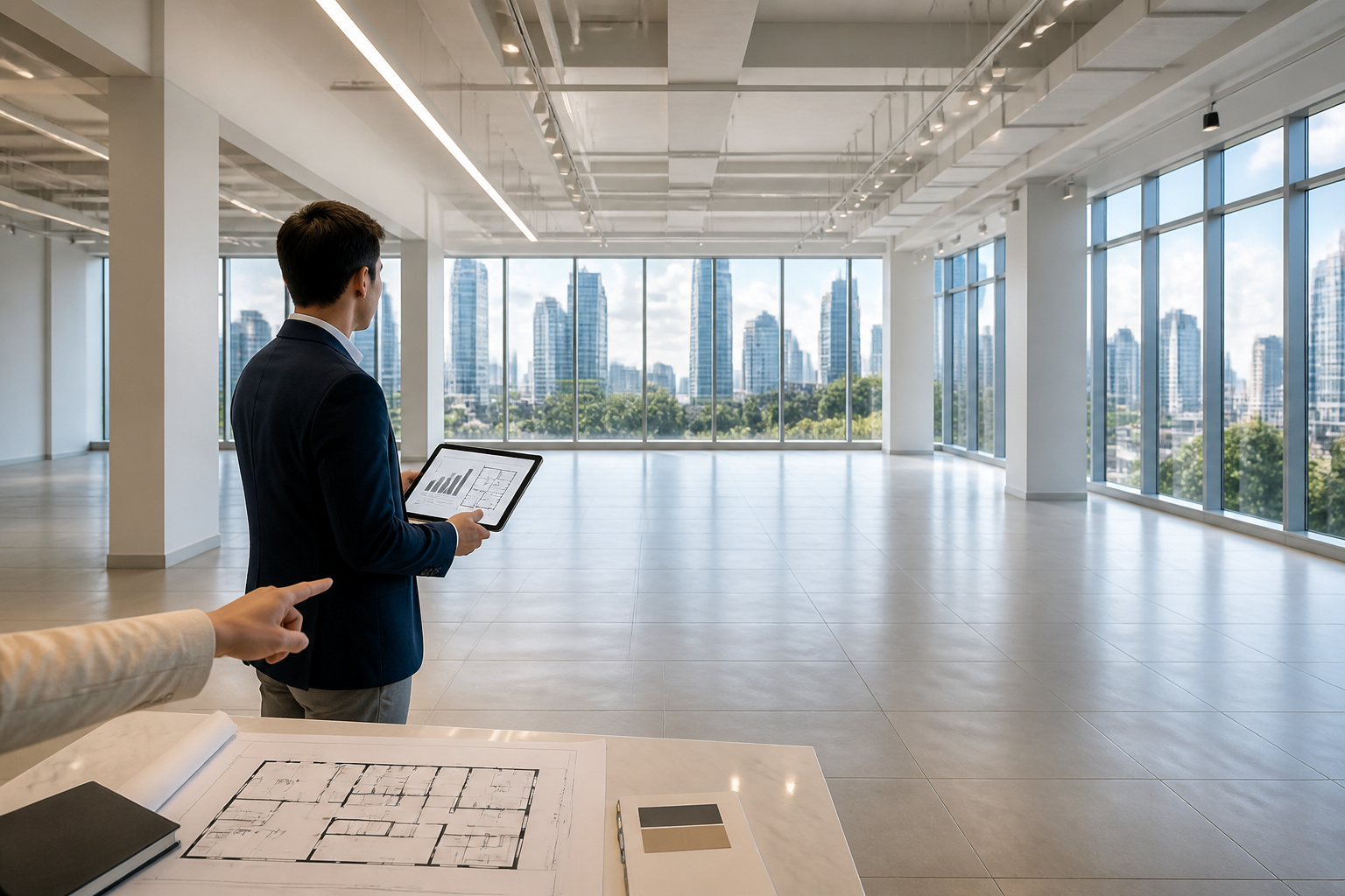 Espace commercial moderne avec vue sur la ville