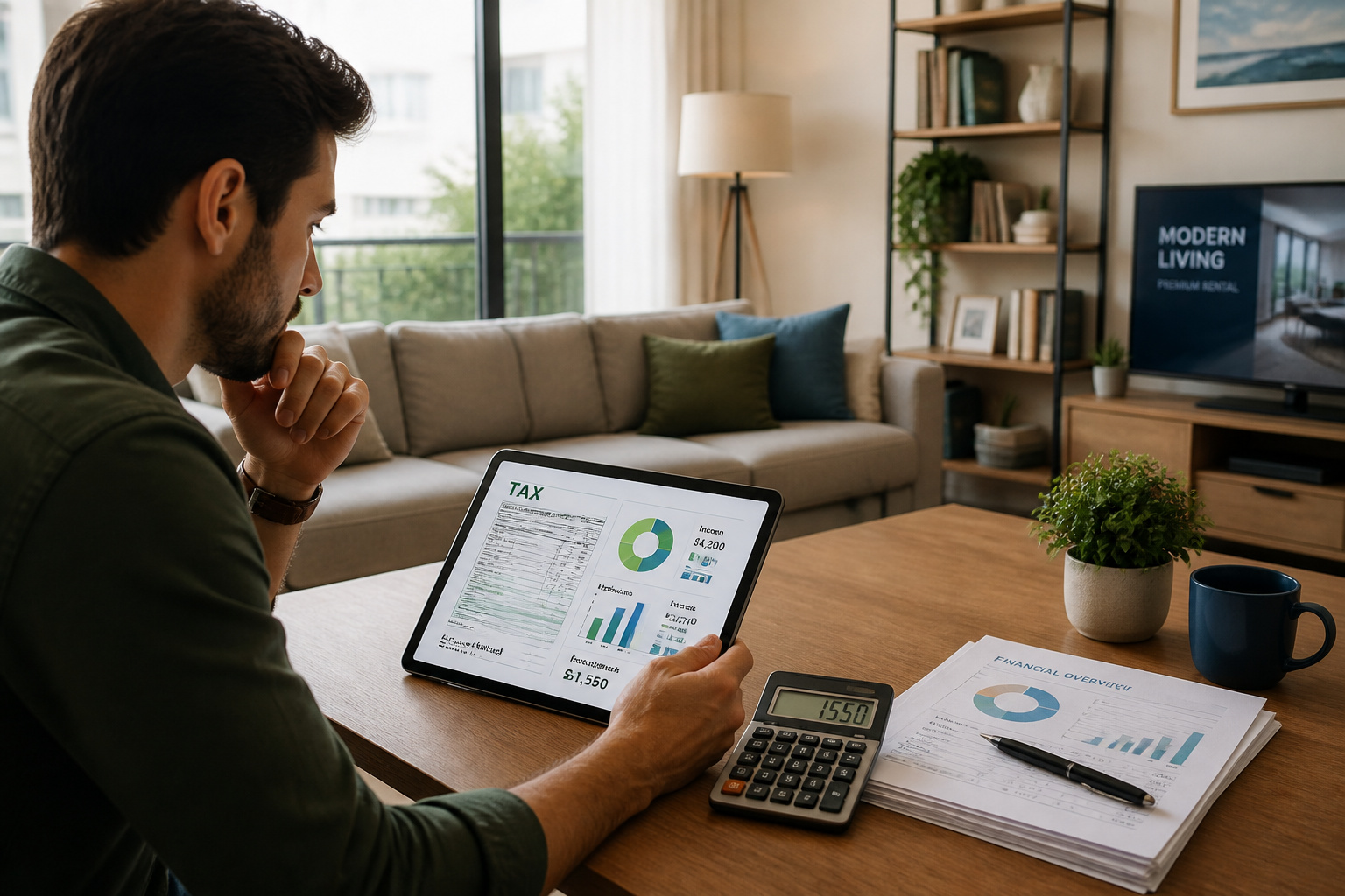 Homme analysant ses finances dans un salon moderne