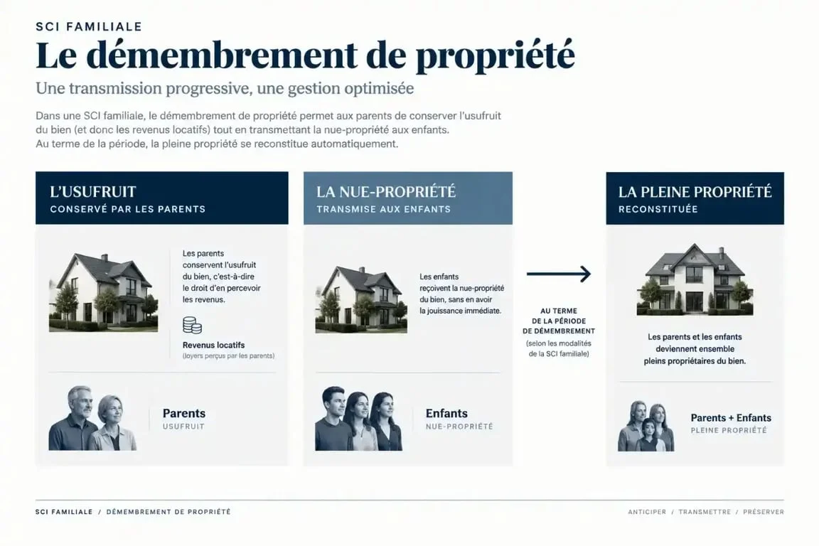 Schéma du démembrement de propriété usufruit et nue-propriété en SCI