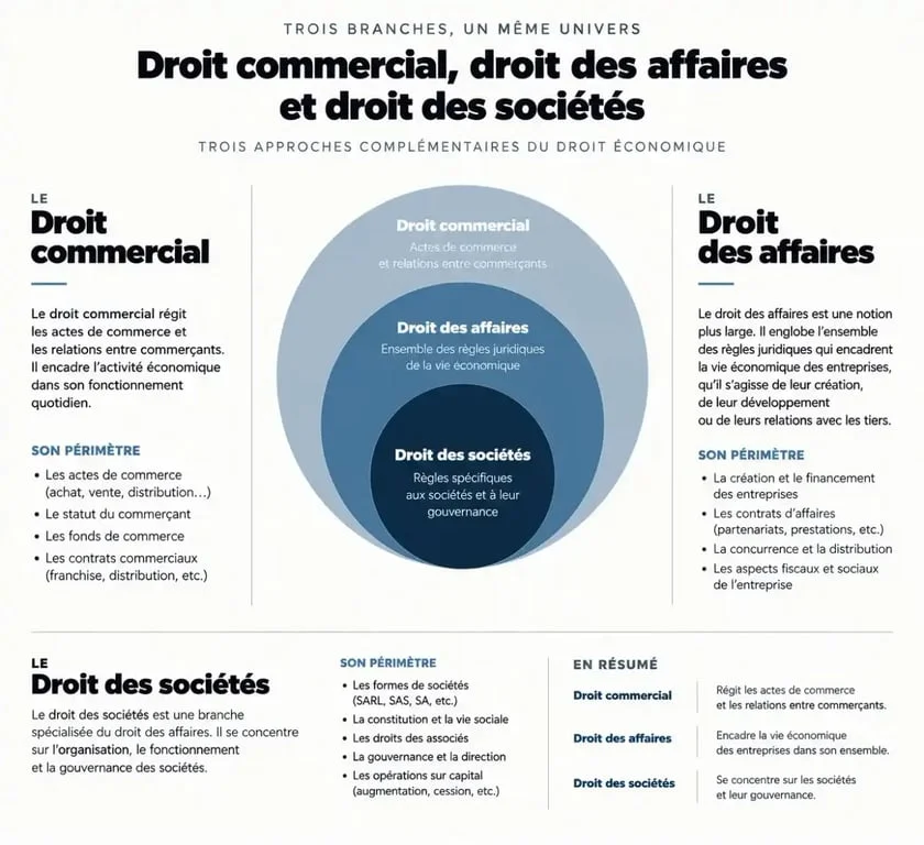 Infographie comparative : droit commercial, droit des affaires et droit des sociétés pour avocat droit commercial