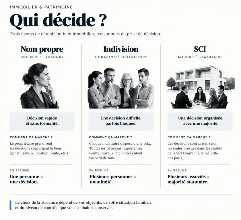 Schéma comparatif des avantages SCI face au nom propre et à l'indivision