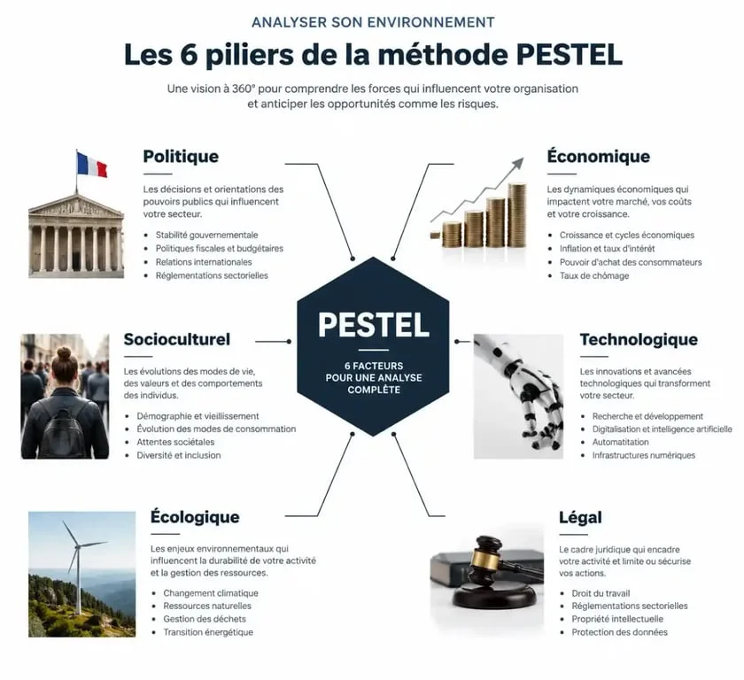 Schéma explicatif des 6 composantes de la méthode PESTEL pour l'analyse stratégique