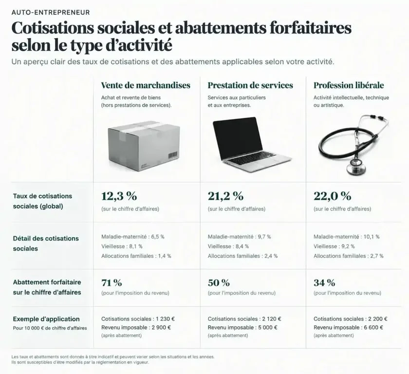 Comparatif des taux de cotisations et abattements pour simulateur micro entreprise