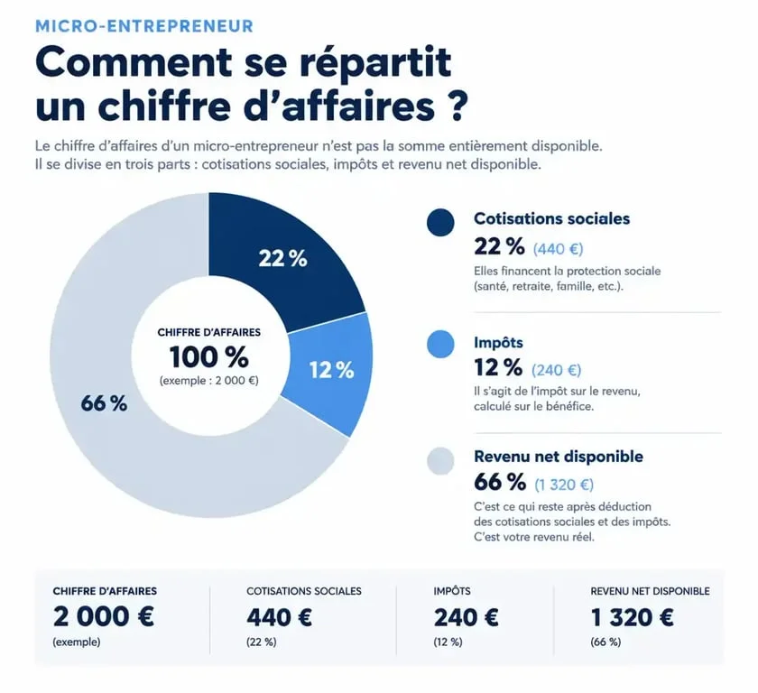 Ventilation du chiffre d'affaires d'un simulateur micro entreprise : cotisations, impôts et revenu net