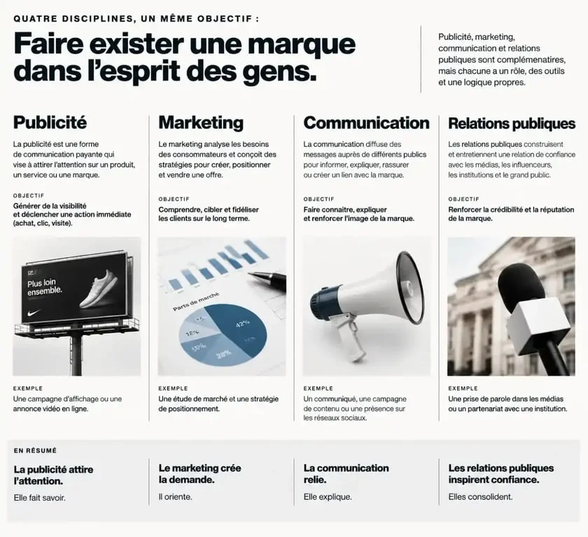 Tableau comparatif : Publicité vs Marketing vs Communication