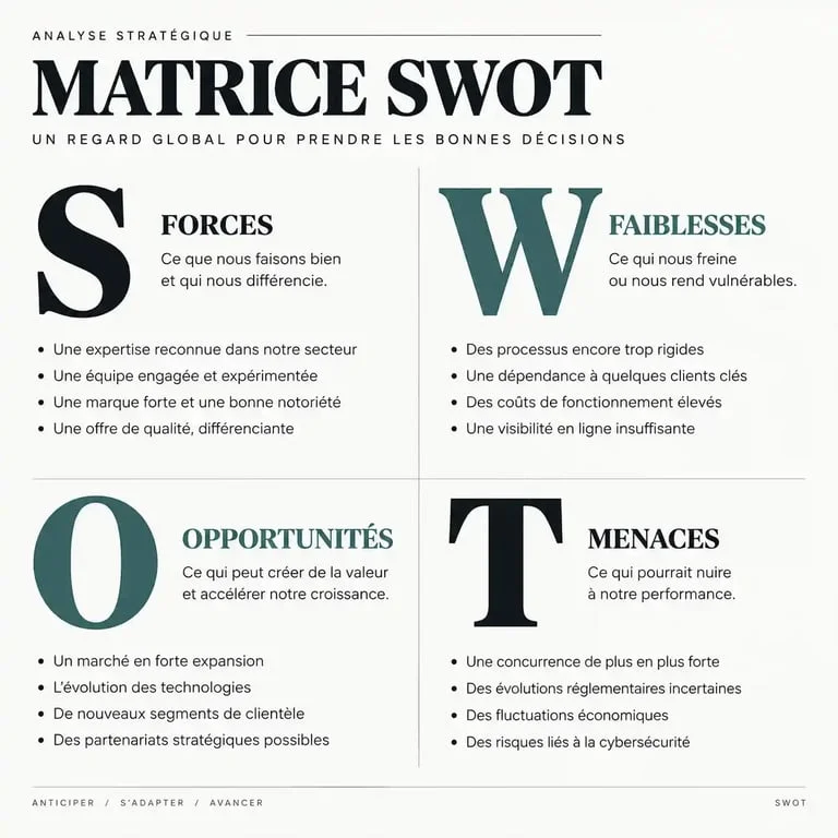 Schéma explicatif de la matrice SWOT pour un diagnostic stratégique d'entreprise